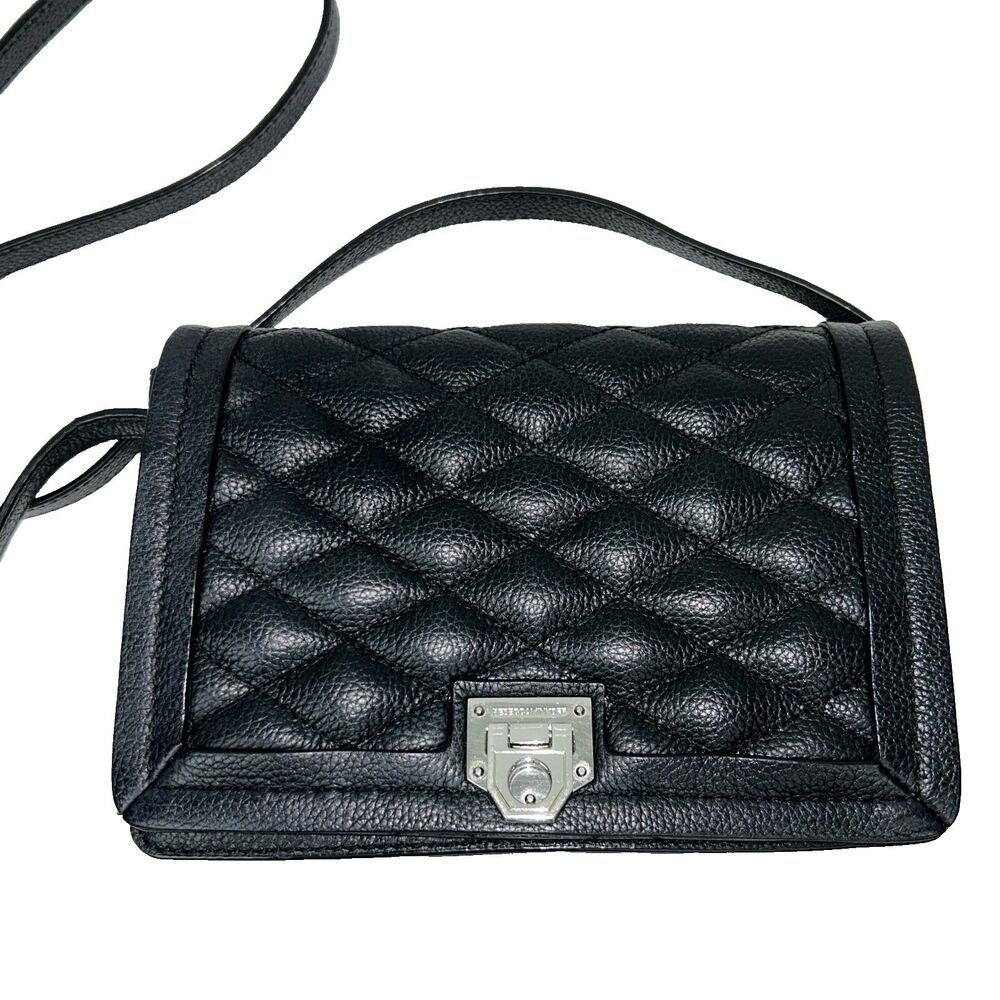 Rebecca Minkoff Black Quilted Front Flap Pebbled Leather Crossbody Bag Silver HW